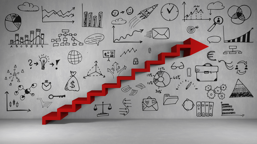 Business,Planning,And,Growth,Concept,With,Red,Staircase,As,Arrow Treppe als Pfeil